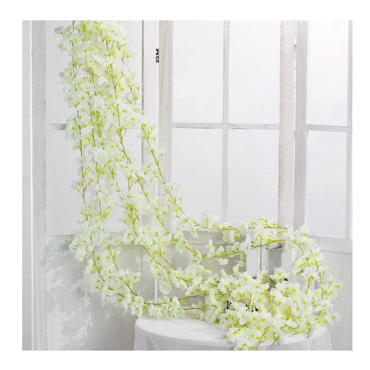 Artificial Flower Rattan Single 1.8m 135pcs Flowers Head Vivid Decorative Silk Plastic Hanging Fake Rattan for Decoration White