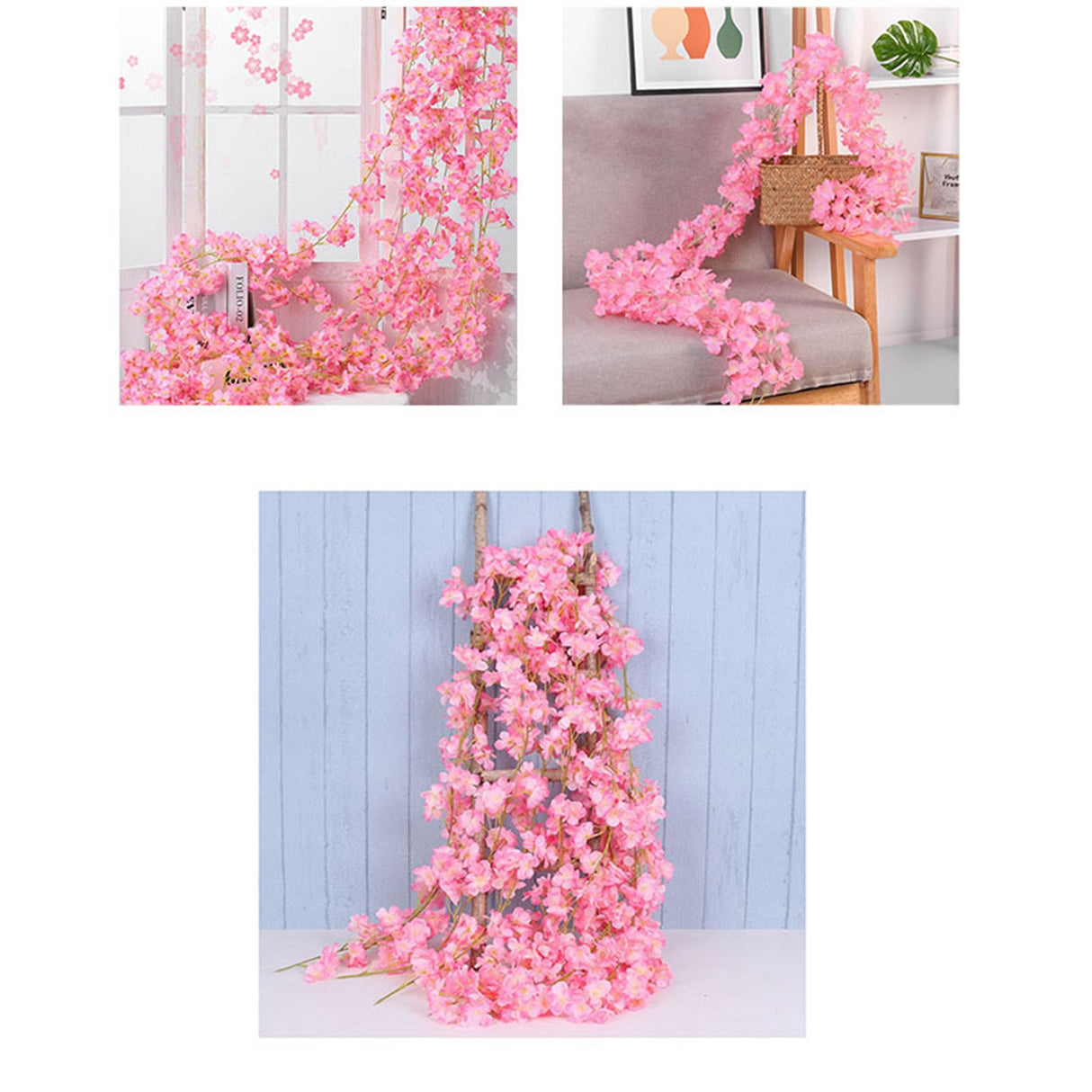1.8m 256 Simulated Artificial Sakura Flower Garland Hanging Vines for Spring Home Room Wedding Party Decor Dark Pink