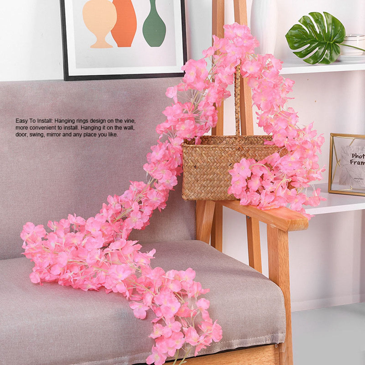 1.8m 256 Simulated Artificial Sakura Flower Garland Hanging Vines for Spring Home Room Wedding Party Decor Dark Pink