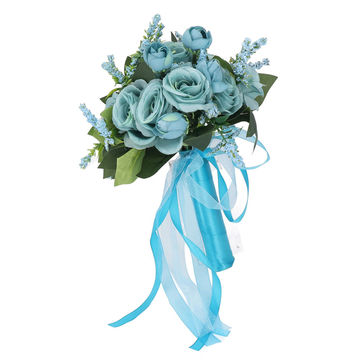 Wedding Bouquet Simulation Artificial Rose Lifelike Green Leaves Modern Elegant Rose for Wedding Church Home Decor Lake Blue