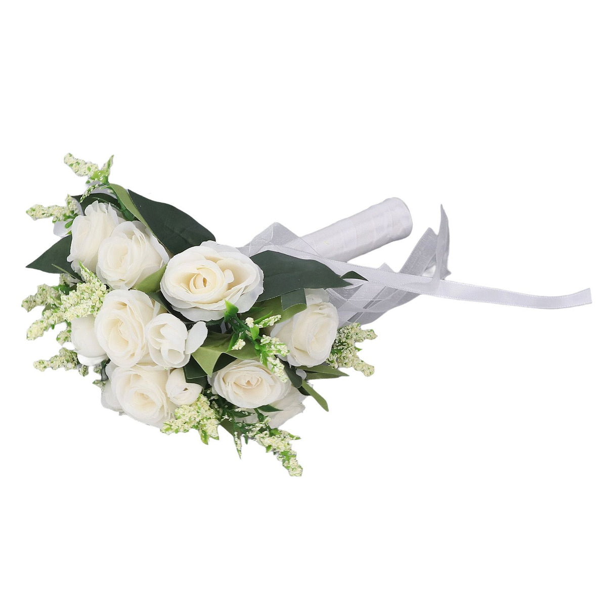 Wedding Bouquet Simulation Artificial Rose Lifelike Green Leaves Modern Elegant Rose for Wedding Church Home Decor Milky White