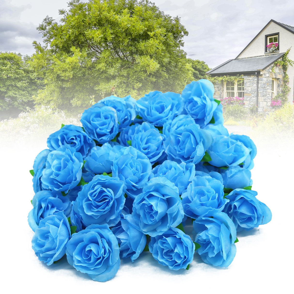 50PCS Simulation Rose Head Decorative Reusable Silk Fake Rose Flower for Wedding Party Blue