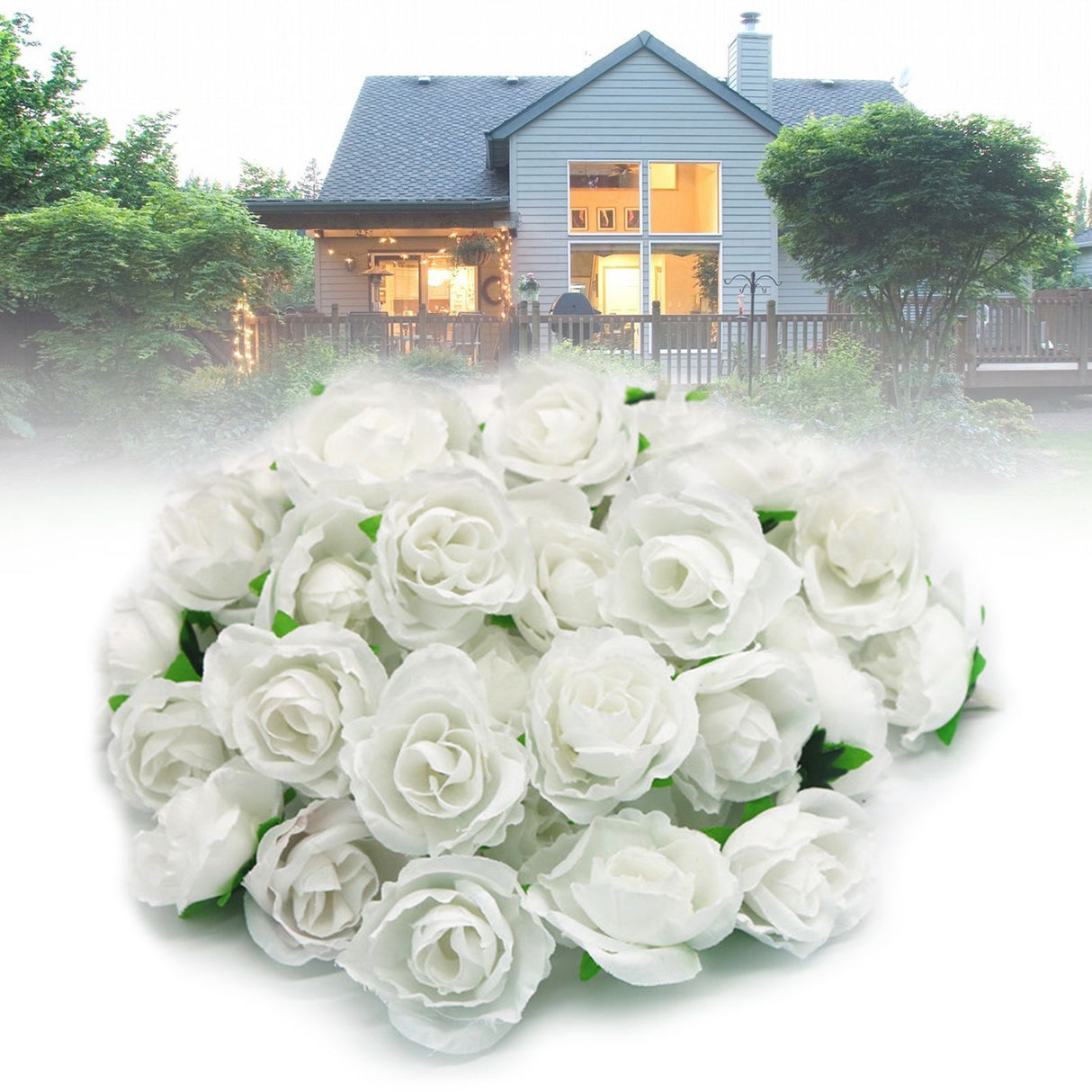 50PCS Simulation Rose Head Decorative Reusable Silk Fake Rose Flower for Wedding Party White
