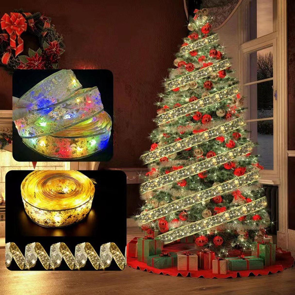 Christmas Ribbon Fairy Lights Gold Ribbon Warm Light 50 LED Christmas Tree Ribbon for Christmas Decorations 164ft