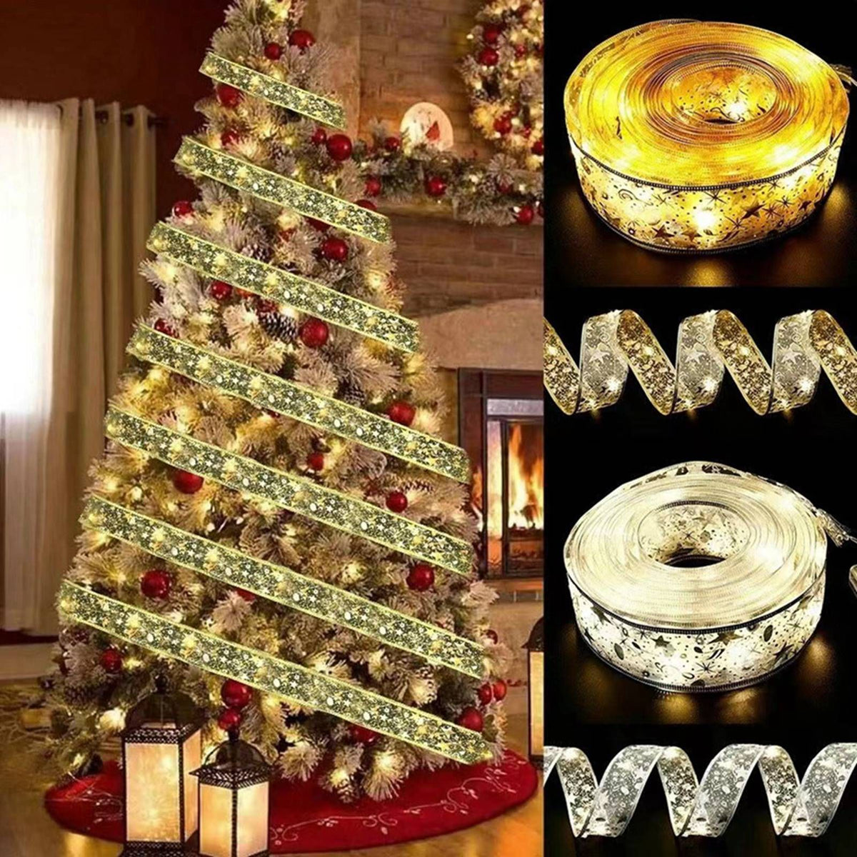 Christmas Ribbon Fairy Lights Gold Ribbon Warm Light 50 LED Christmas Tree Ribbon for Christmas Decorations 164ft
