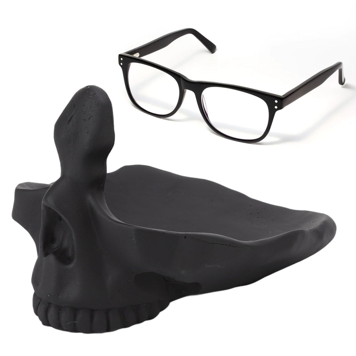 Skull Glasses Stand Lifelike Scratch Resistant Practical Statue Eyeglasses Holder with Storage Tray for Home Black