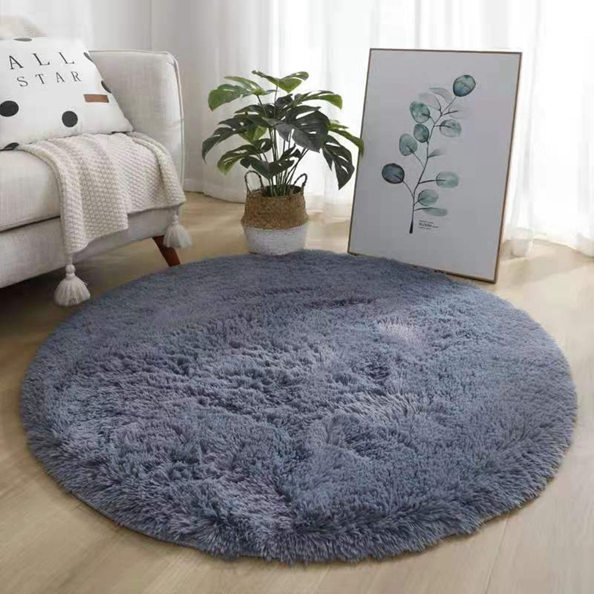 Floor Carpet Polyester Fiber Round Nordic Style Long Plush Soft Shaggy Rug for Home Bedroom Grey