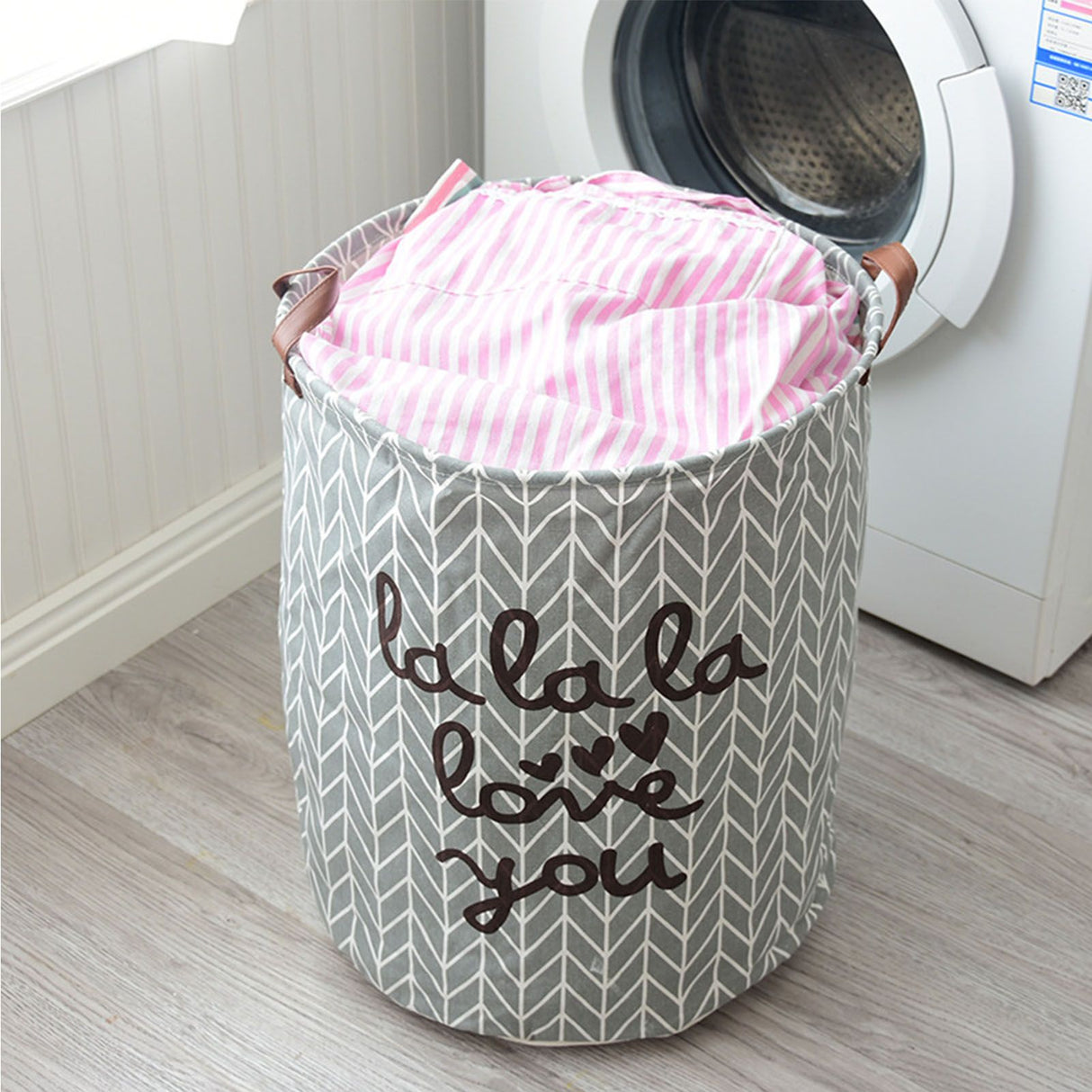 Laundry Basket Cotton Linen Foldable Round Dirty Clothes Storage Bag Folding Laundry Hamper for Home Dormitory Grey