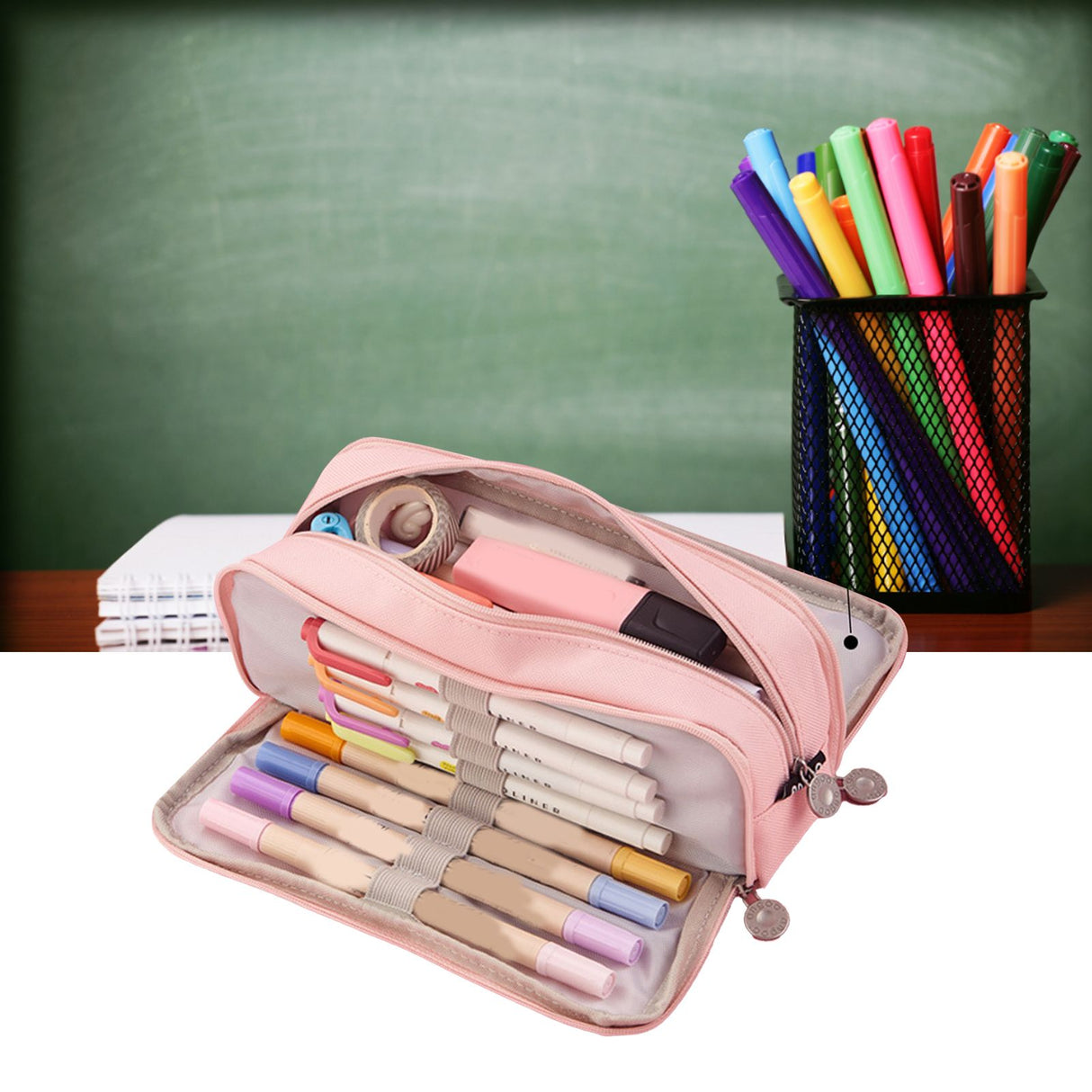 Pencil Pouch With 3 Compartments Large Capacity Double Opening Soft Canvas Dustproof Zipper Pencil Case for Students Pink