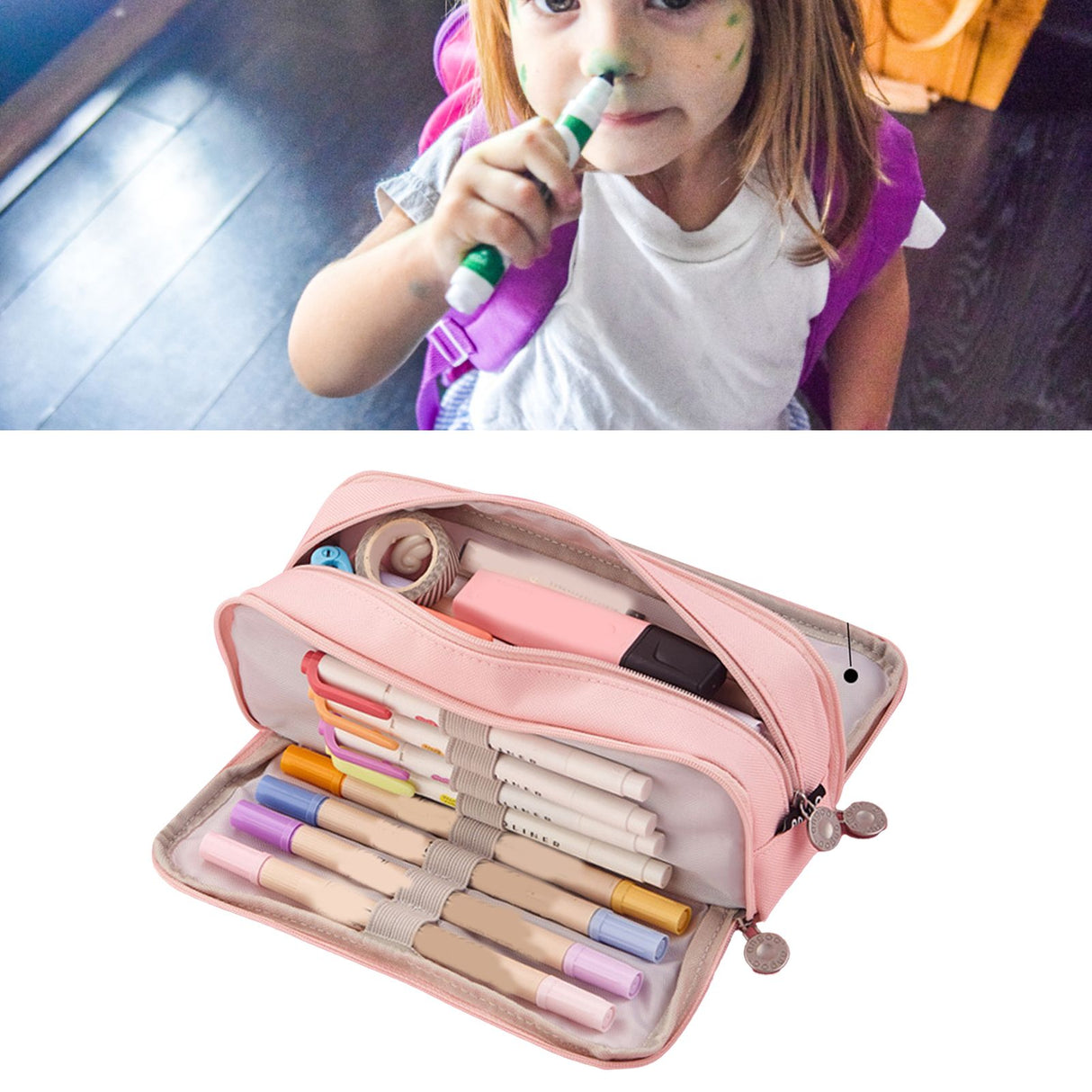 Pencil Pouch With 3 Compartments Large Capacity Double Opening Soft Canvas Dustproof Zipper Pencil Case for Students Pink