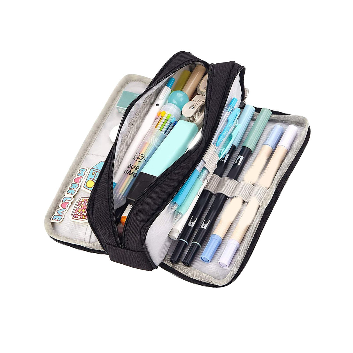 Pencil Pouch With 3 Compartments Large Capacity Double Opening Soft Canvas Dustproof Zipper Pencil Case for Students Black