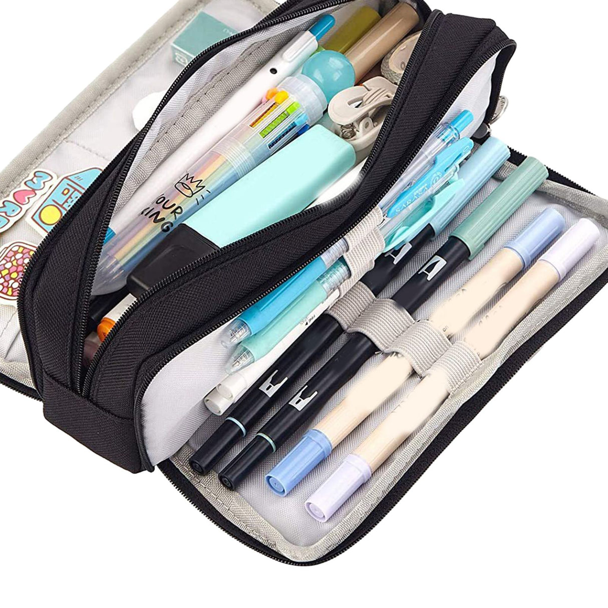 Pencil Pouch With 3 Compartments Large Capacity Double Opening Soft Canvas Dustproof Zipper Pencil Case for Students Black