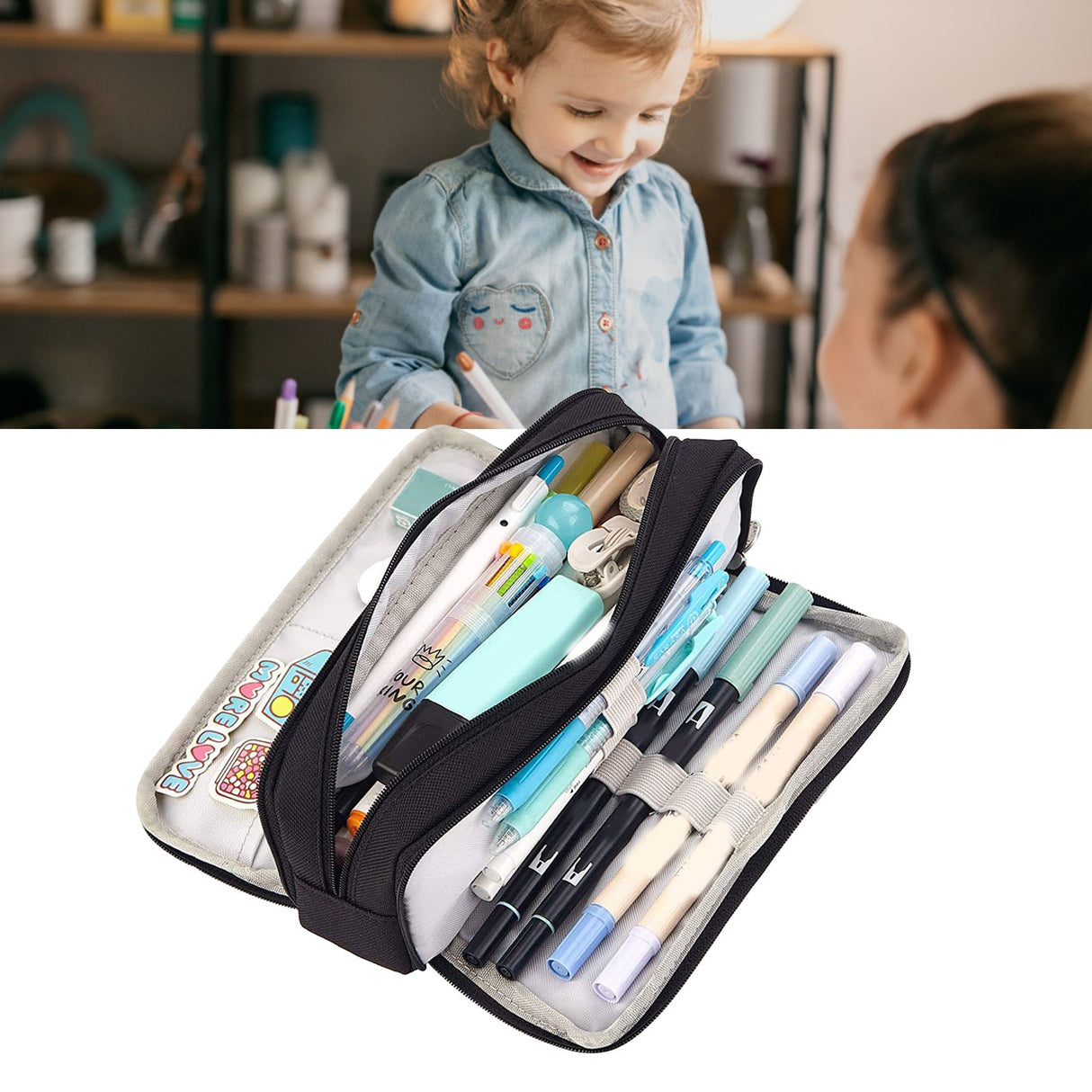 Pencil Pouch With 3 Compartments Large Capacity Double Opening Soft Canvas Dustproof Zipper Pencil Case for Students Black