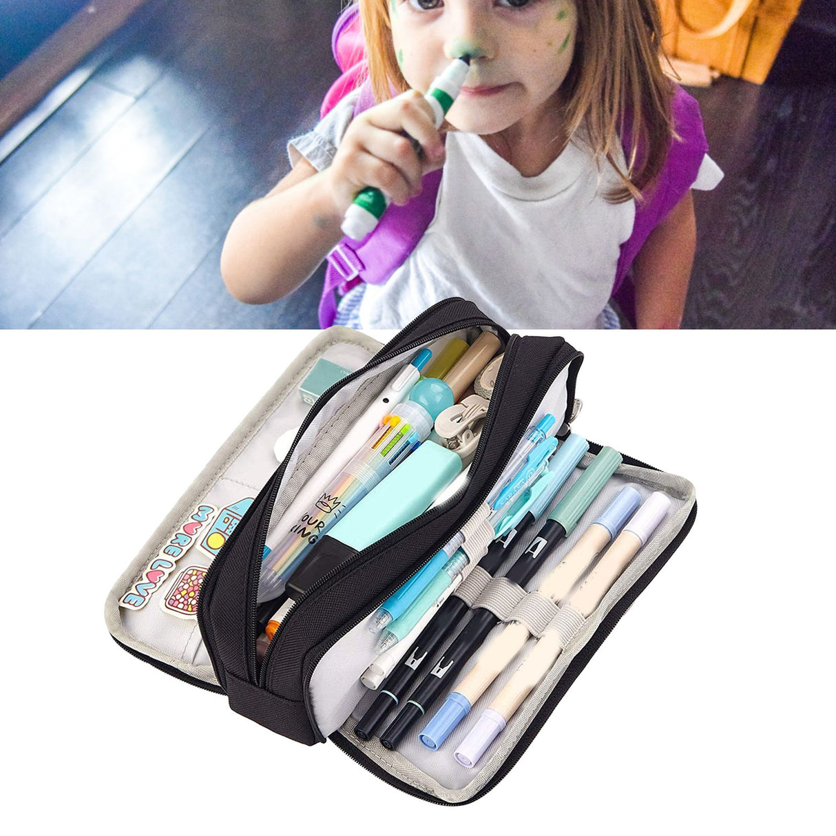 Pencil Pouch With 3 Compartments Large Capacity Double Opening Soft Canvas Dustproof Zipper Pencil Case for Students Black