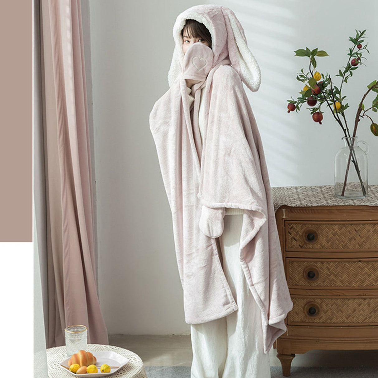 Hooded Blanket Wearable Polyester Plush Rabbit Ear Hooded Blanket Throw Soft Warm Blanket for Home Pink Large