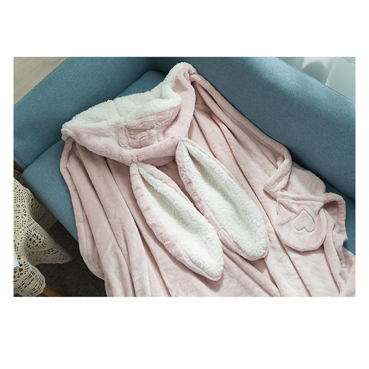 Hooded Blanket Wearable Polyester Plush Rabbit Ear Hooded Blanket Throw Soft Warm Blanket for Home Pink Large