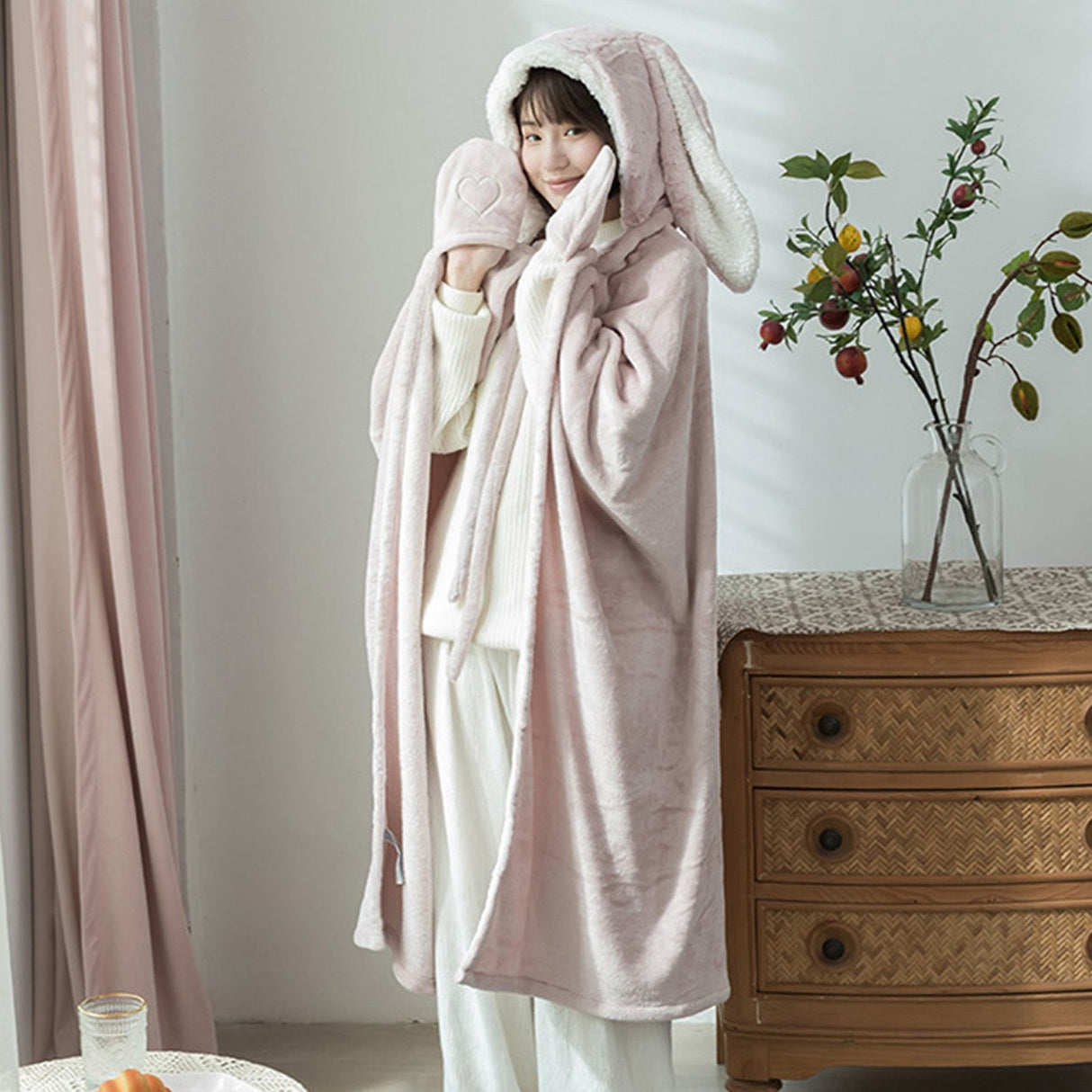 Hooded Blanket Wearable Polyester Plush Rabbit Ear Hooded Blanket Throw Soft Warm Blanket for Home Pink Large