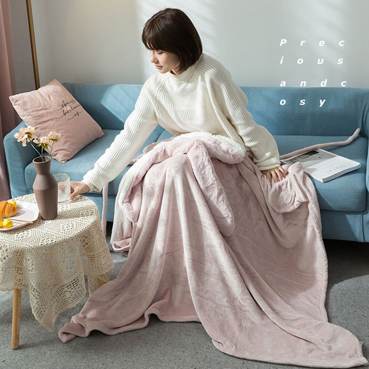 Hooded Blanket Wearable Polyester Plush Rabbit Ear Hooded Blanket Throw Soft Warm Blanket for Home Pink Large