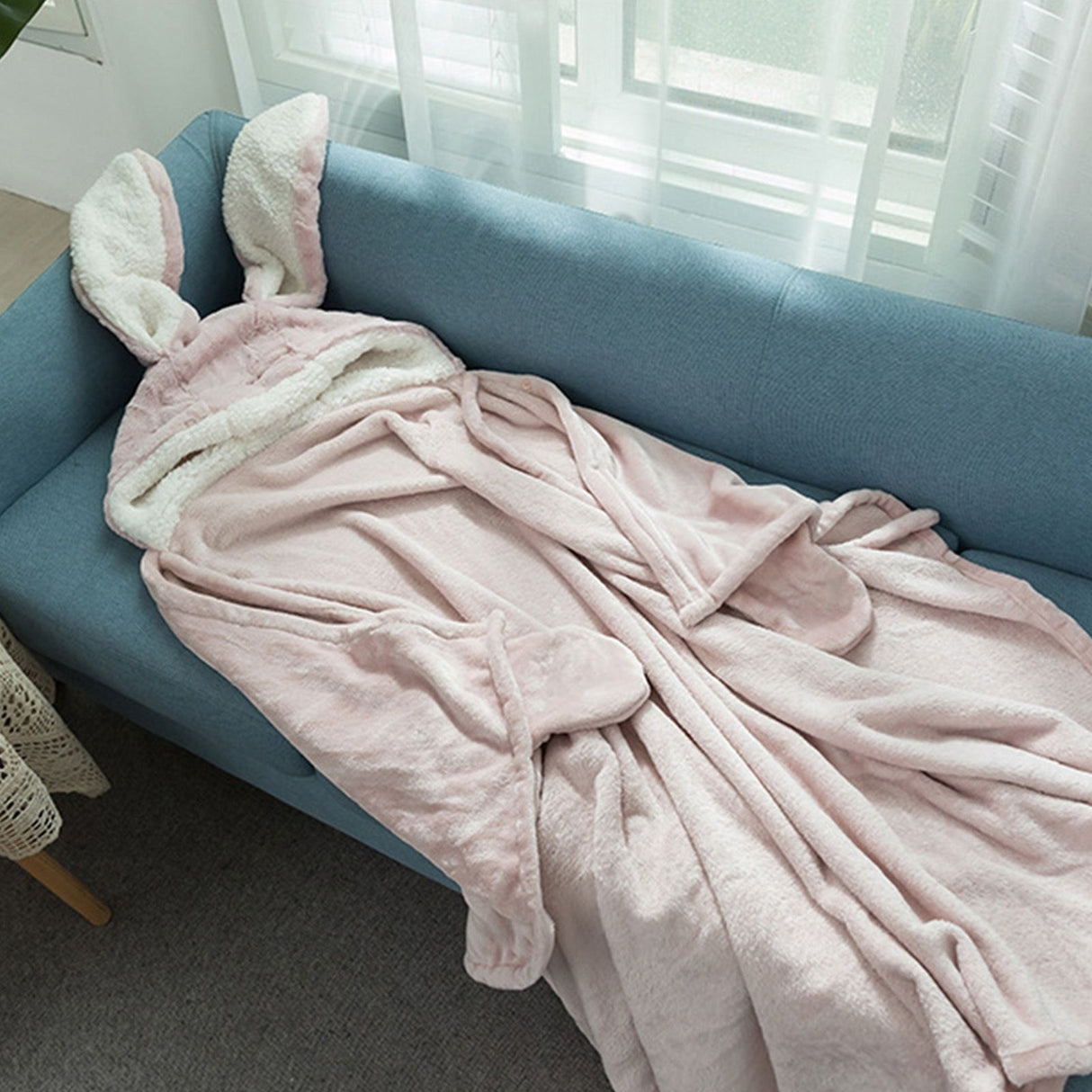 Hooded Blanket Wearable Polyester Plush Rabbit Ear Hooded Blanket Throw Soft Warm Blanket for Home Pink Large