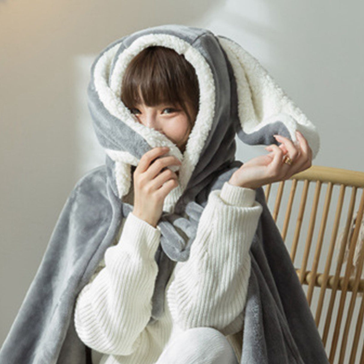 Hooded Blanket Wearable Polyester Plush Rabbit Ear Hooded Blanket Throw Soft Warm Blanket for Home Dark Gray Large