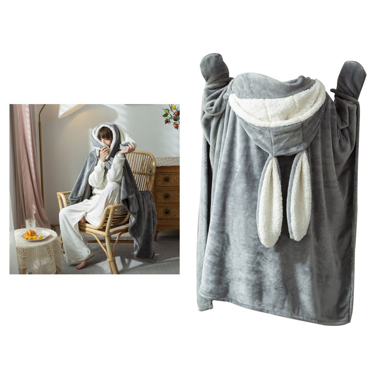 Hooded Blanket Wearable Polyester Plush Rabbit Ear Hooded Blanket Throw Soft Warm Blanket for Home Dark Gray Large