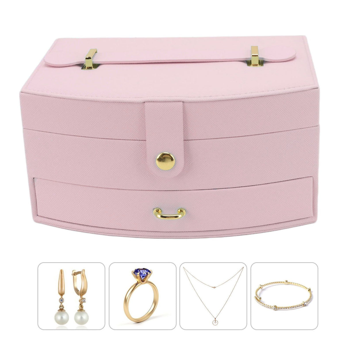 Travel Jewelry Case Portable 2 Layers PU Leather Jewelry Storage Holder Box with Clasp and Handle for Earrings Necklace Pink