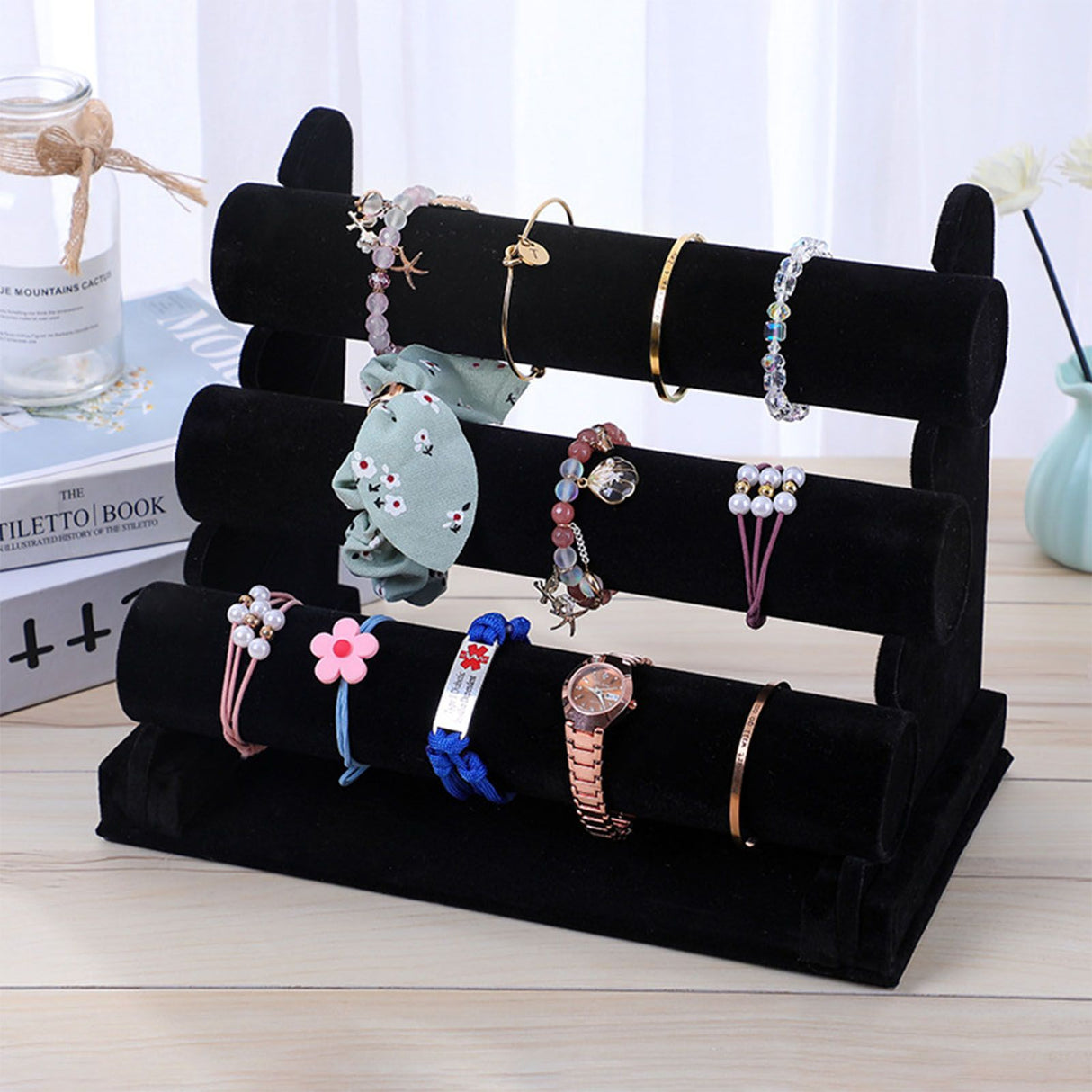 Velvet Jewelry Tower 3 Layers Watch Bracelet Holder Necklace Jewelry Display Stand Black Jewelry Stand