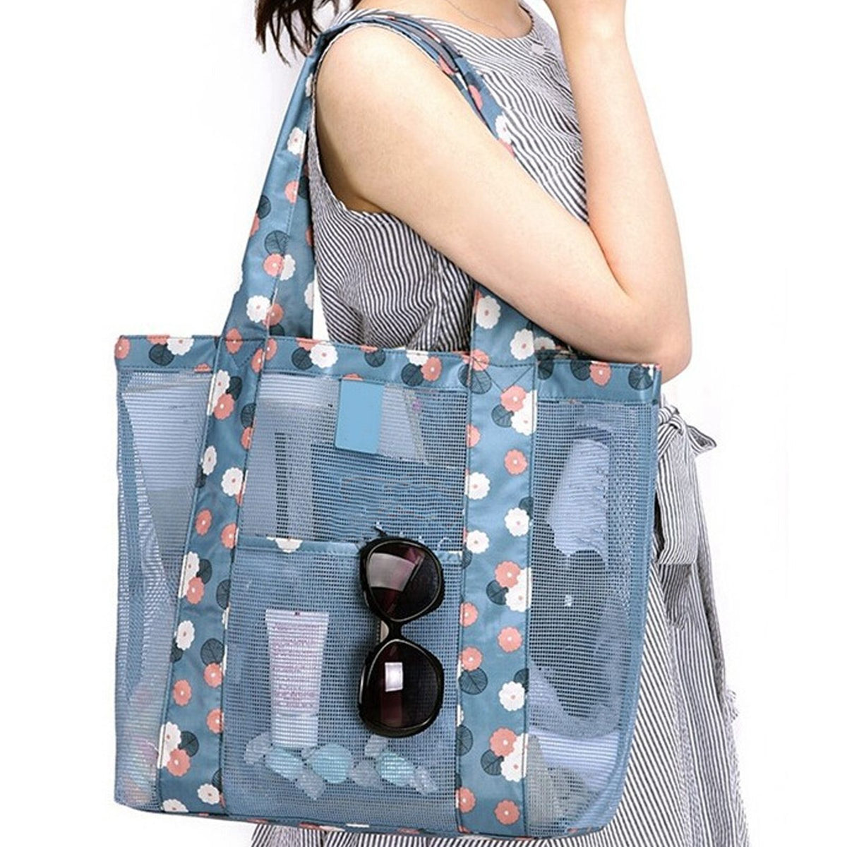 Beach Tote Waterproof Large Capacity Casual Oxford Cloth Women Mesh Handbag for Shopping Swimming Blue Flower