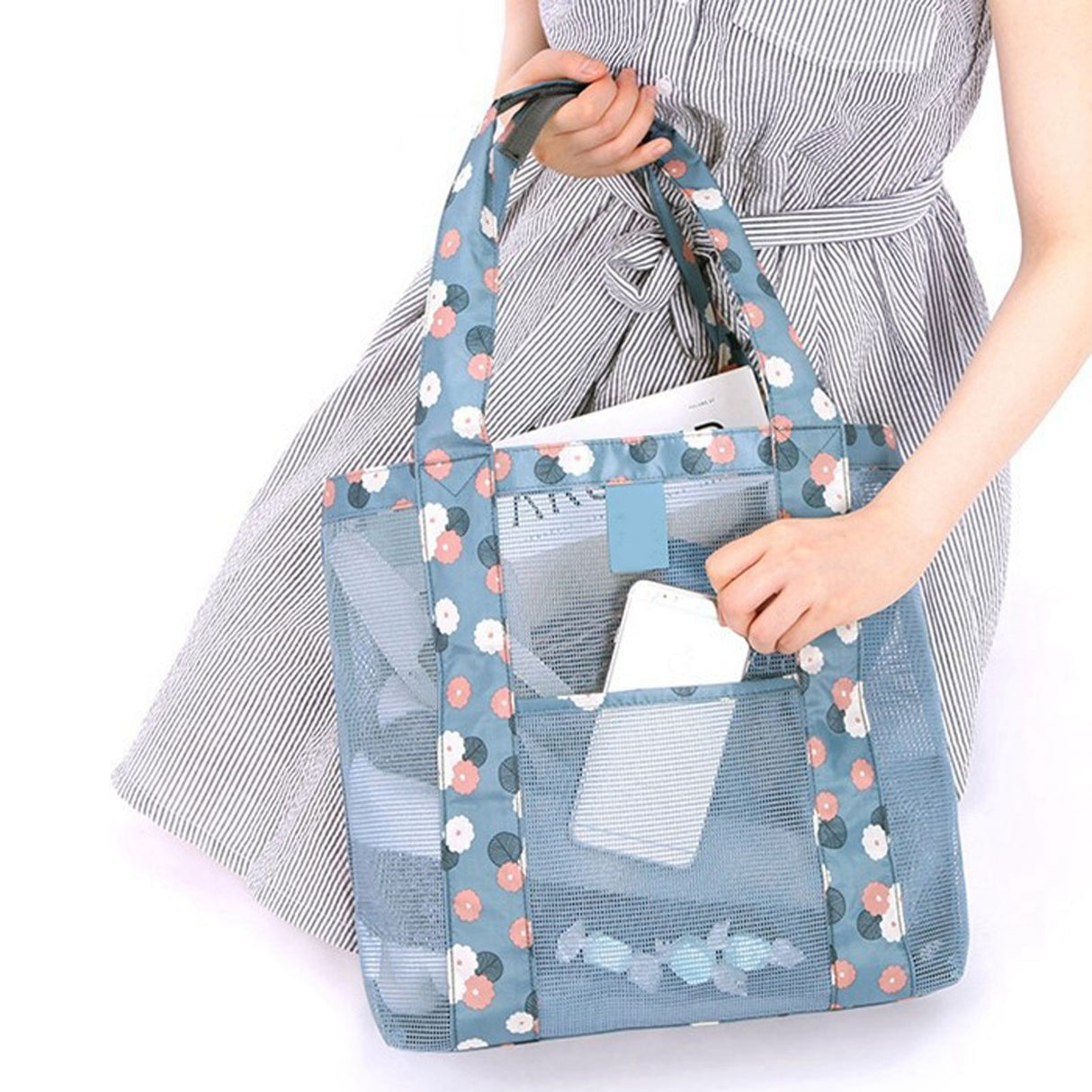 Beach Tote Waterproof Large Capacity Casual Oxford Cloth Women Mesh Handbag for Shopping Swimming Blue Flower