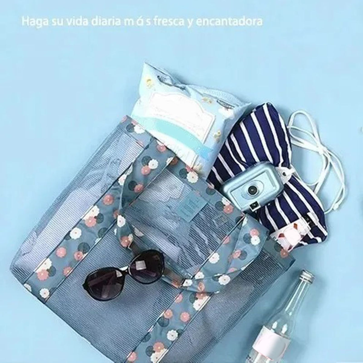 Beach Tote Waterproof Large Capacity Casual Oxford Cloth Women Mesh Handbag for Shopping Swimming Blue Flower