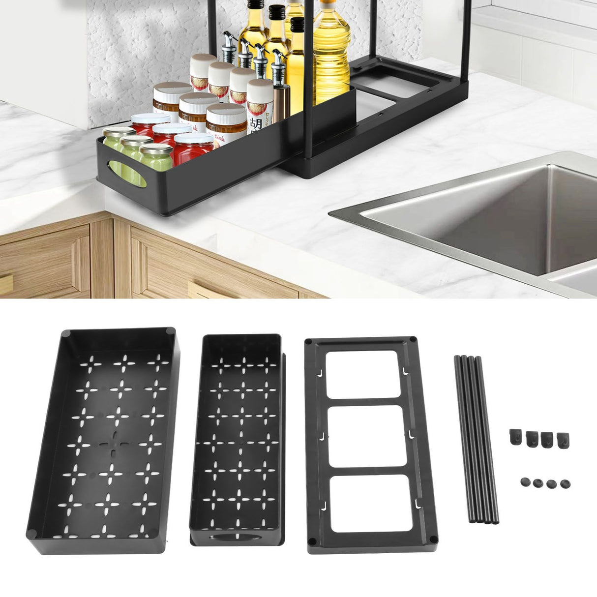 Under Sink Organizers Large Capacity Slide Out Storage Baskets for Bathrooms Kitchens Closets Laundry Rooms Offices Black