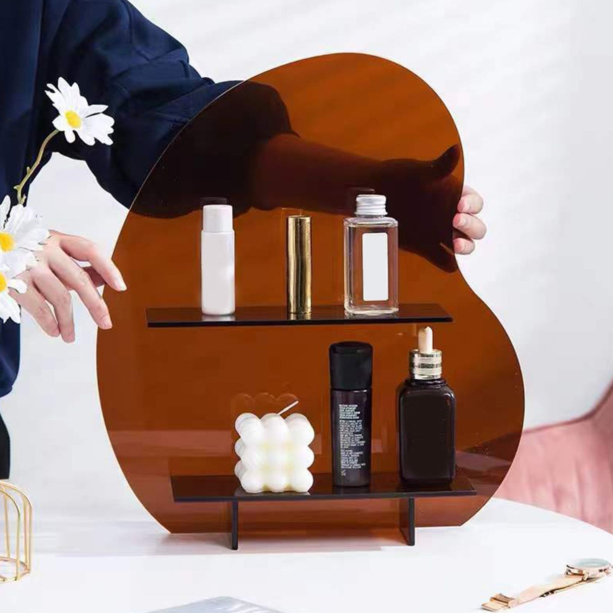 Cosmetic Storage Rack Makeup Shelf Organizer for Bathroom Bedroom Dressing Room Desk Amber S