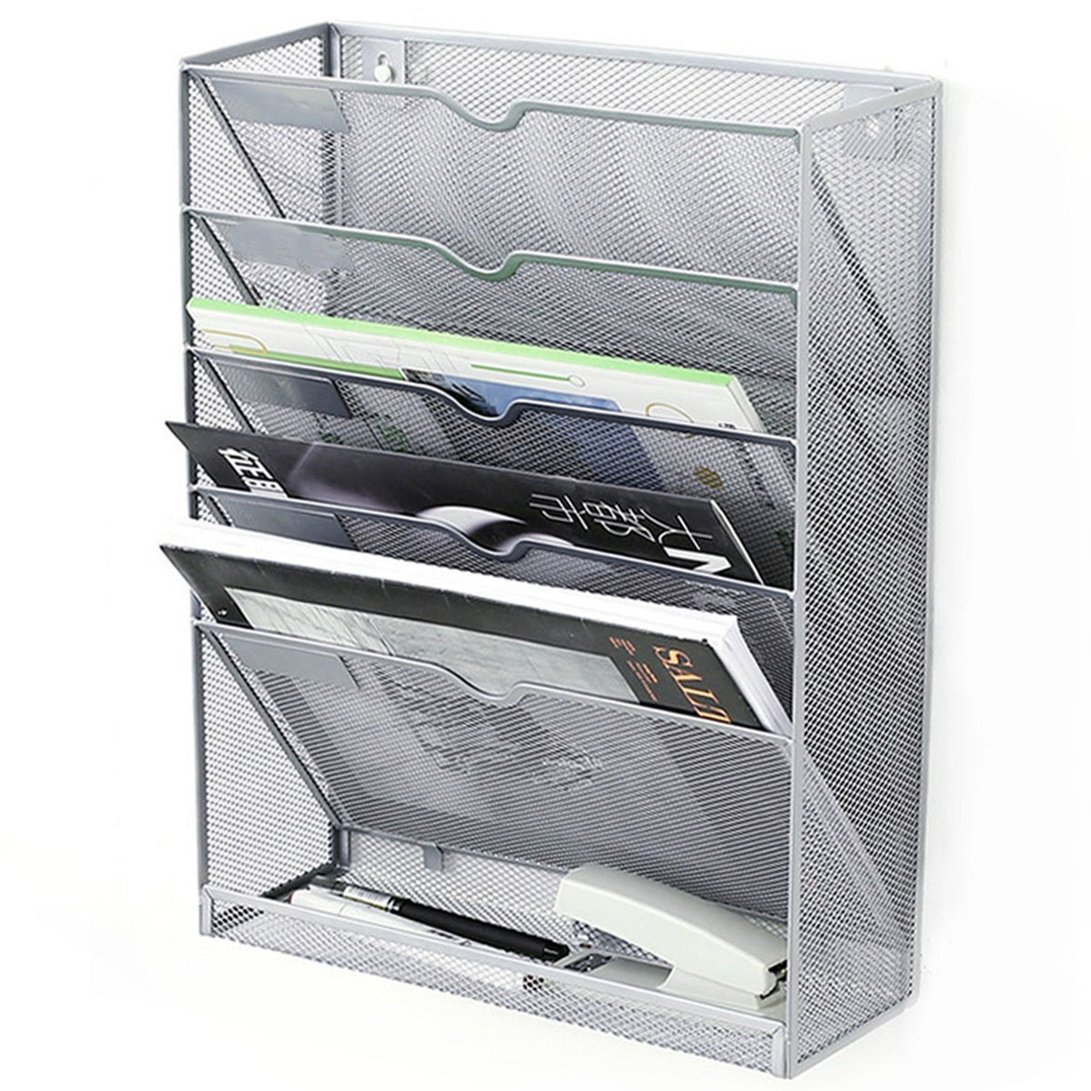 5 Tier Wall File Organizer Vertical Placement Glossy Edges Wall Mount File Holder with Hanging Hole for Office Silver