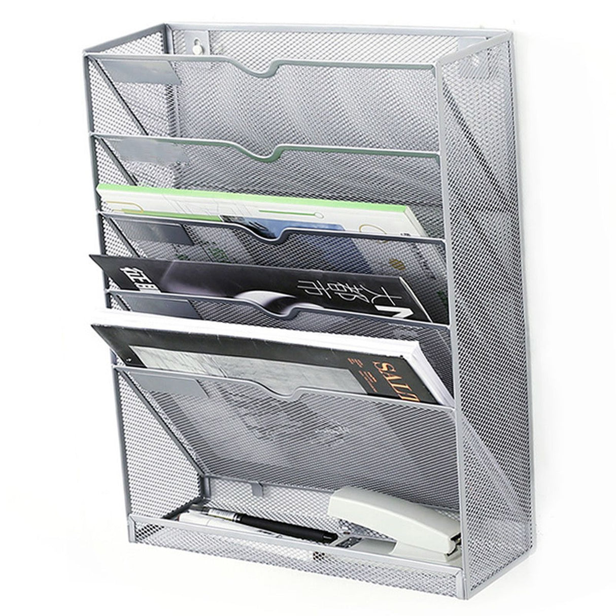5 Tier Wall File Organizer Vertical Placement Glossy Edges Wall Mount File Holder with Hanging Hole for Office Silver