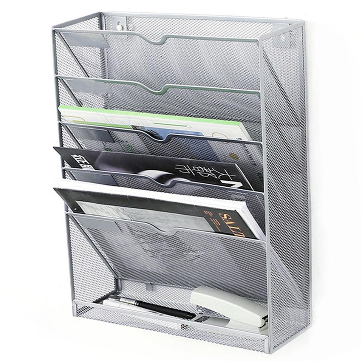 5 Tier Wall File Organizer Vertical Placement Glossy Edges Wall Mount File Holder with Hanging Hole for Office Silver