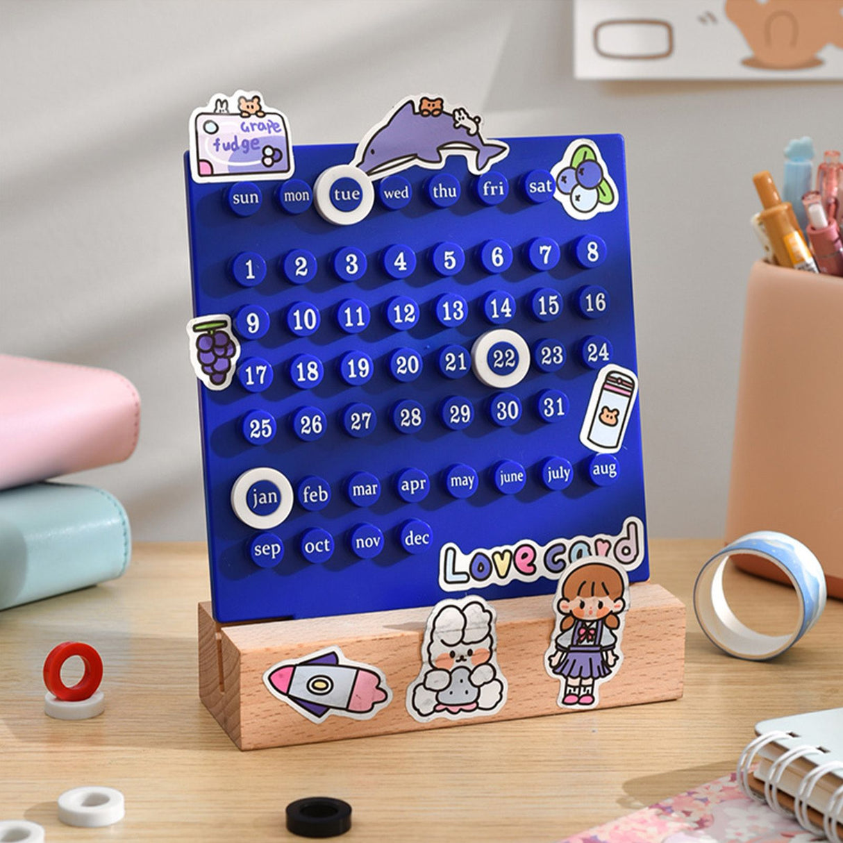 Wooden Kids Calendar DIY Hand Operated Develop Planning Skills Perpetual Calendar for Home Blue