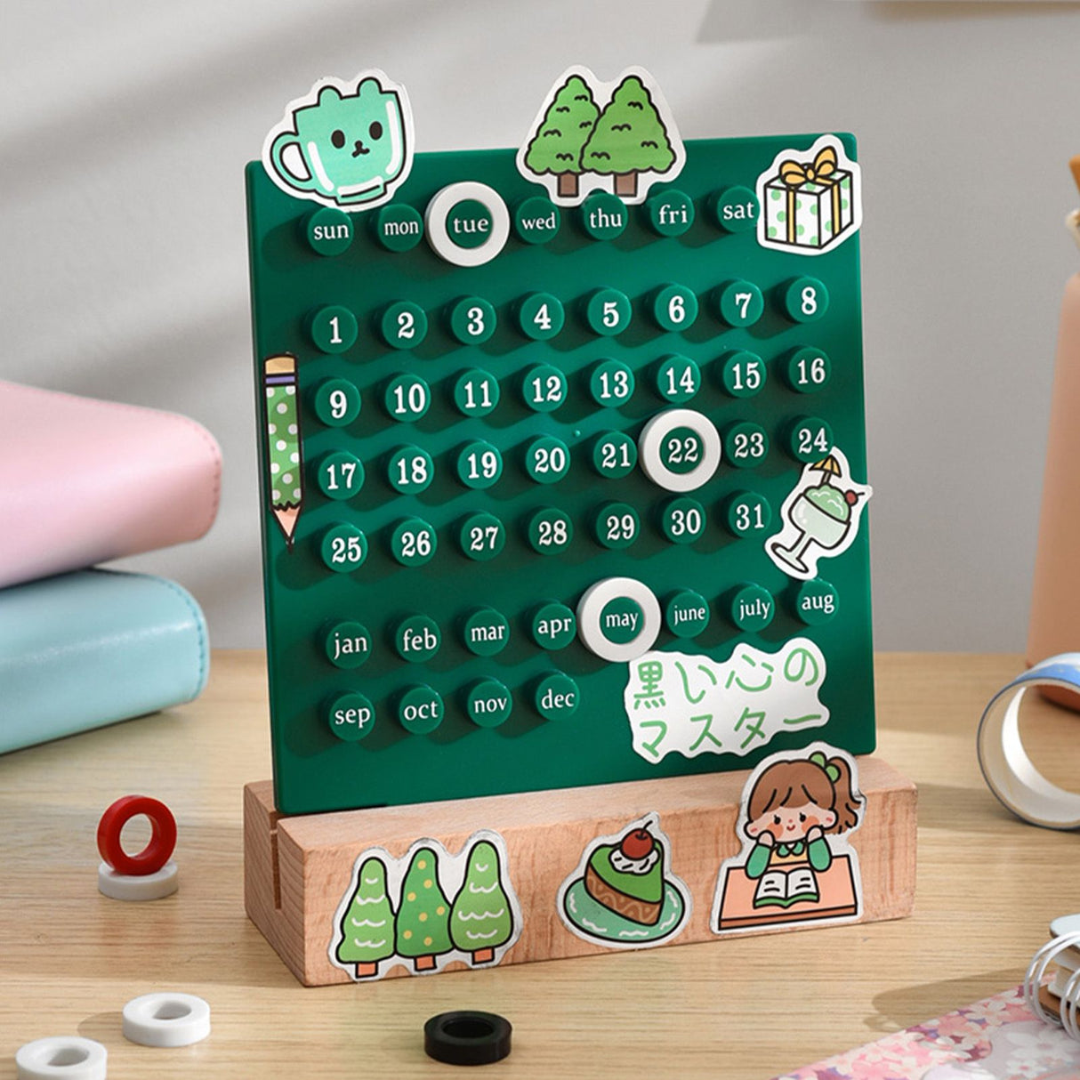 Wooden Kids Calendar DIY Hand Operated Develop Planning Skills Perpetual Calendar for Home Green