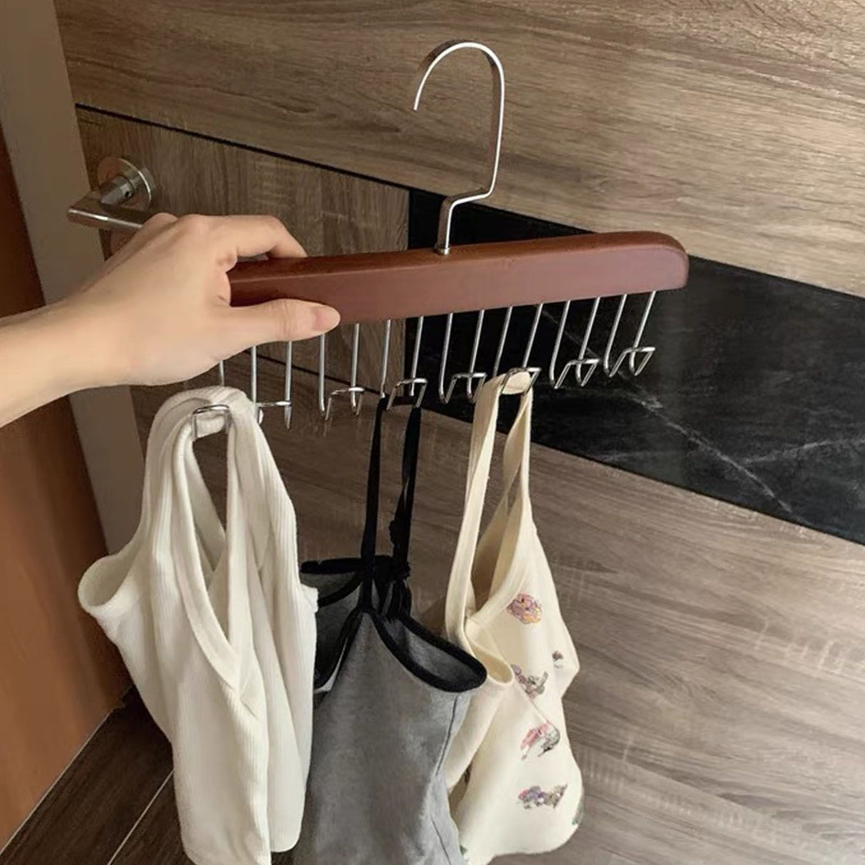 Multifunctional Hanger Punch Free with 8 Hooks Wood and Stainless Steel Cap Holder for Student Dormitory Dark Brown