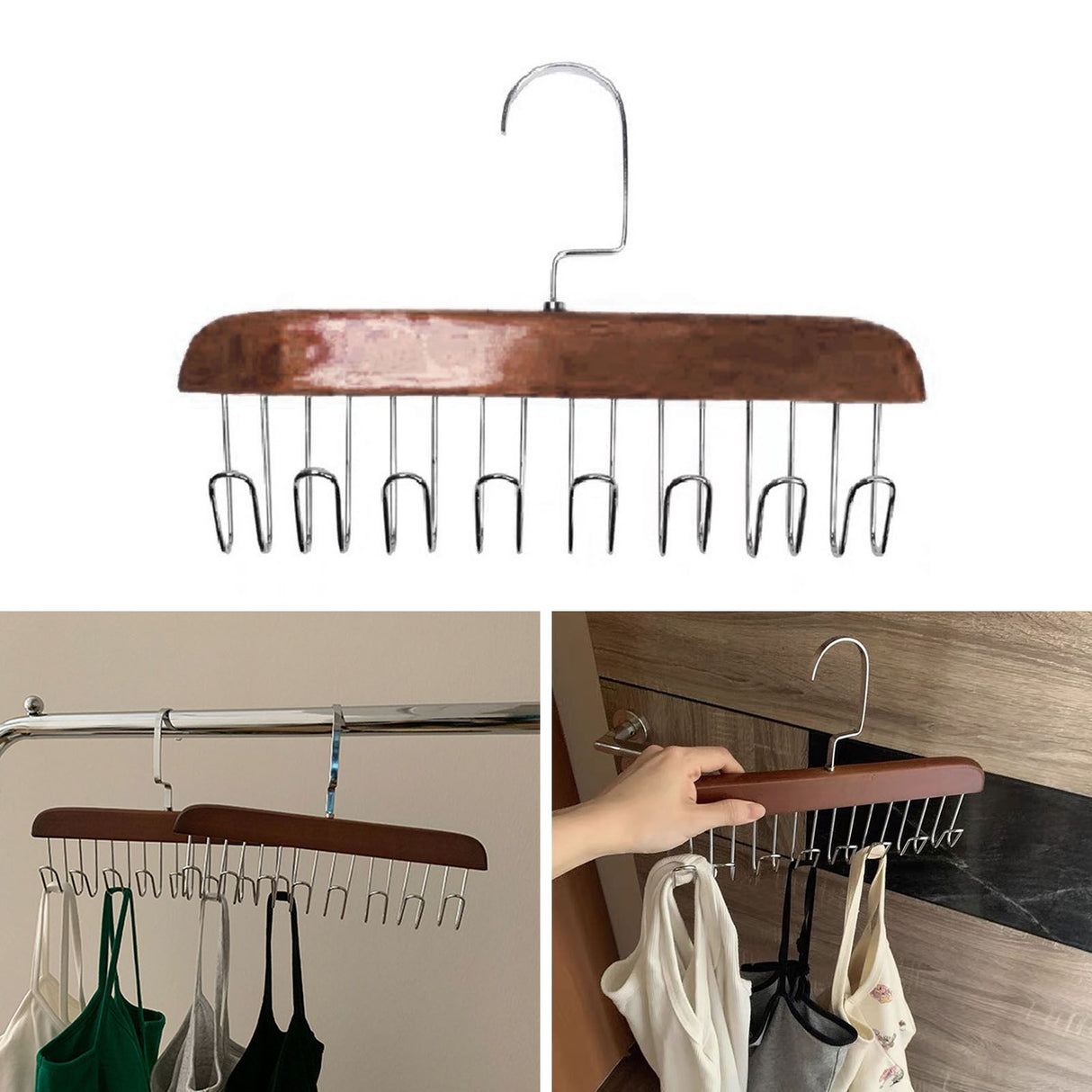 Multifunctional Hanger Punch Free with 8 Hooks Wood and Stainless Steel Cap Holder for Student Dormitory Dark Brown