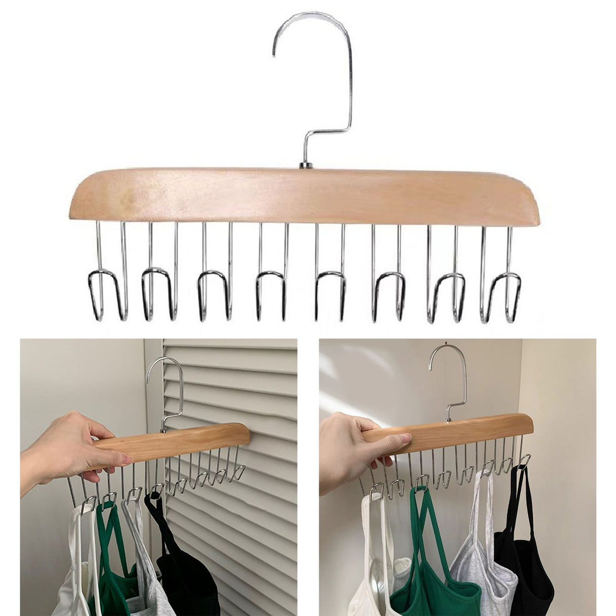 Multifunctional Hanger Punch Free with 8 Hooks Wood and Stainless Steel Cap Holder for Student Dormitory Khaki