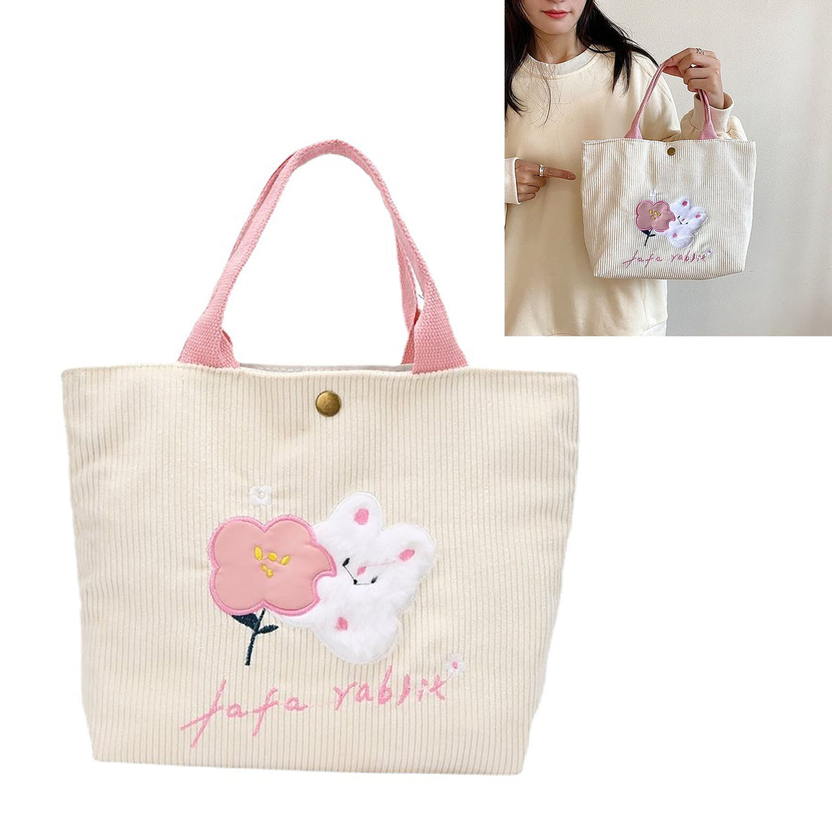 Cute Handbag Snap Button Closure Thickened Cute Pattern Fashionable Small Tote Bag for Shopping Commuting Pink Flower