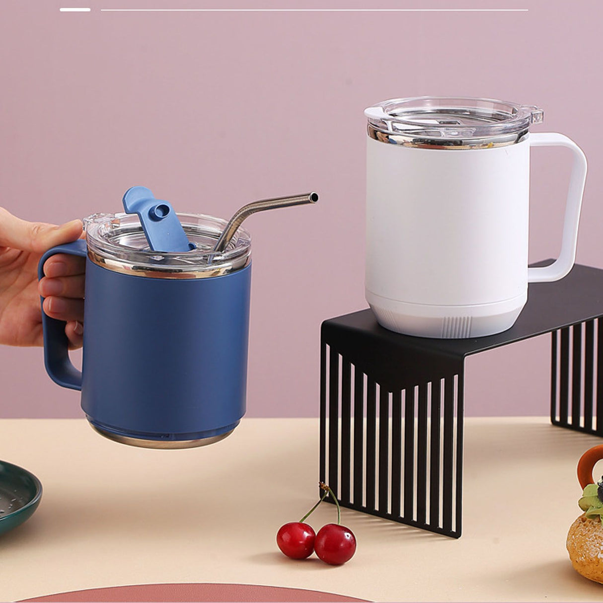 Coffee Mug 460ml 304 Stainless Steel Liner Leakproof Elegant Portable Mug for Outdoor Activities White