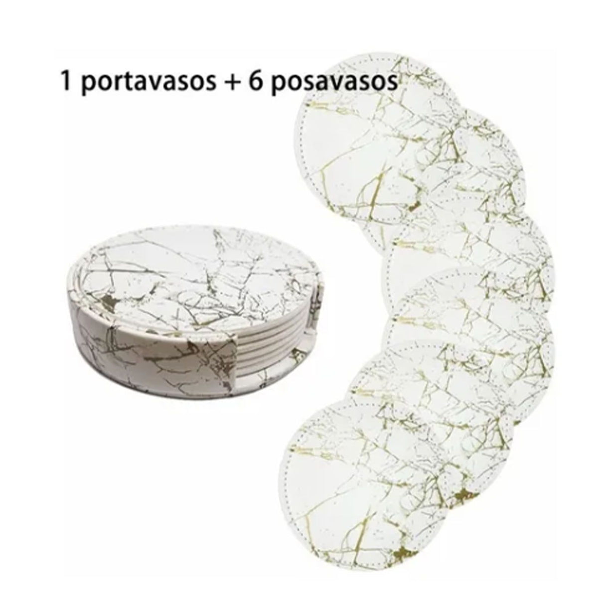 7PCS Drink Coaster Reversible Leather Round Platinum Marble Appearance 10cm Cup Mat for Home