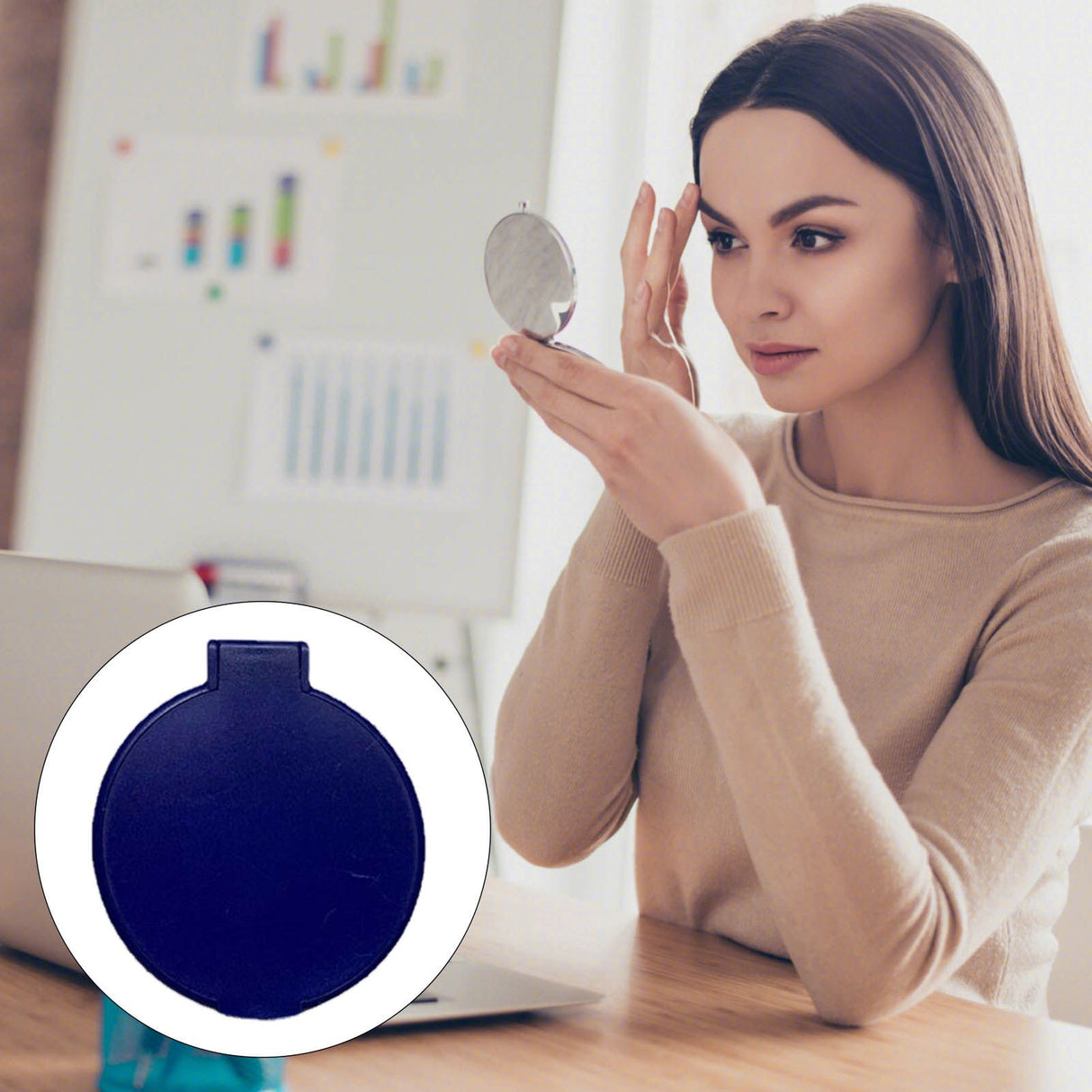 Single Sided Folding Circular Mirror Plastic Portable Compact Cosmetic Pocket Mirror Blue