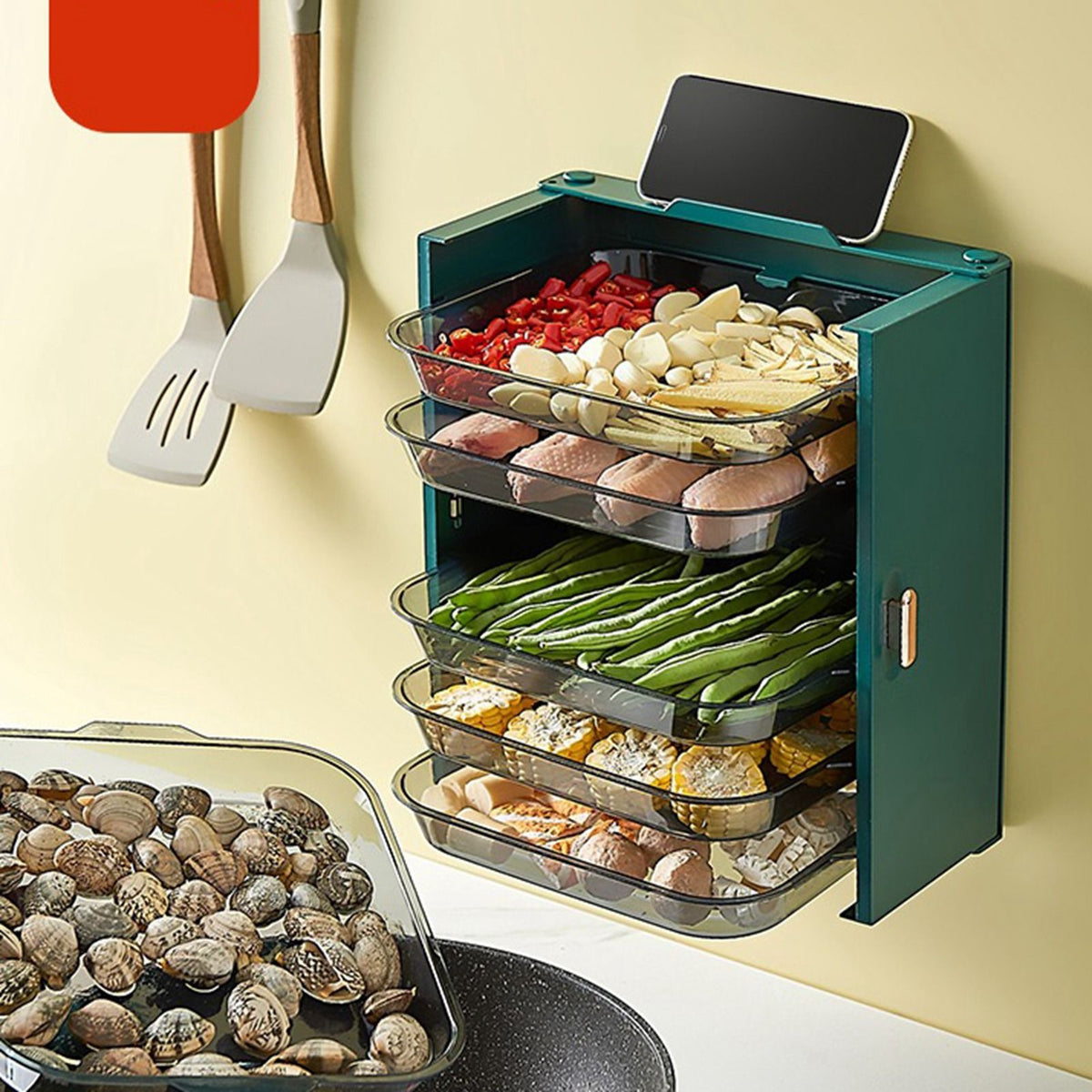 Kitchen Side Dishes Punch Free Foldable PET 6 Layers Wall Mounted Organization Rack Cooking Plates Storage Shelf Light Luxury Green