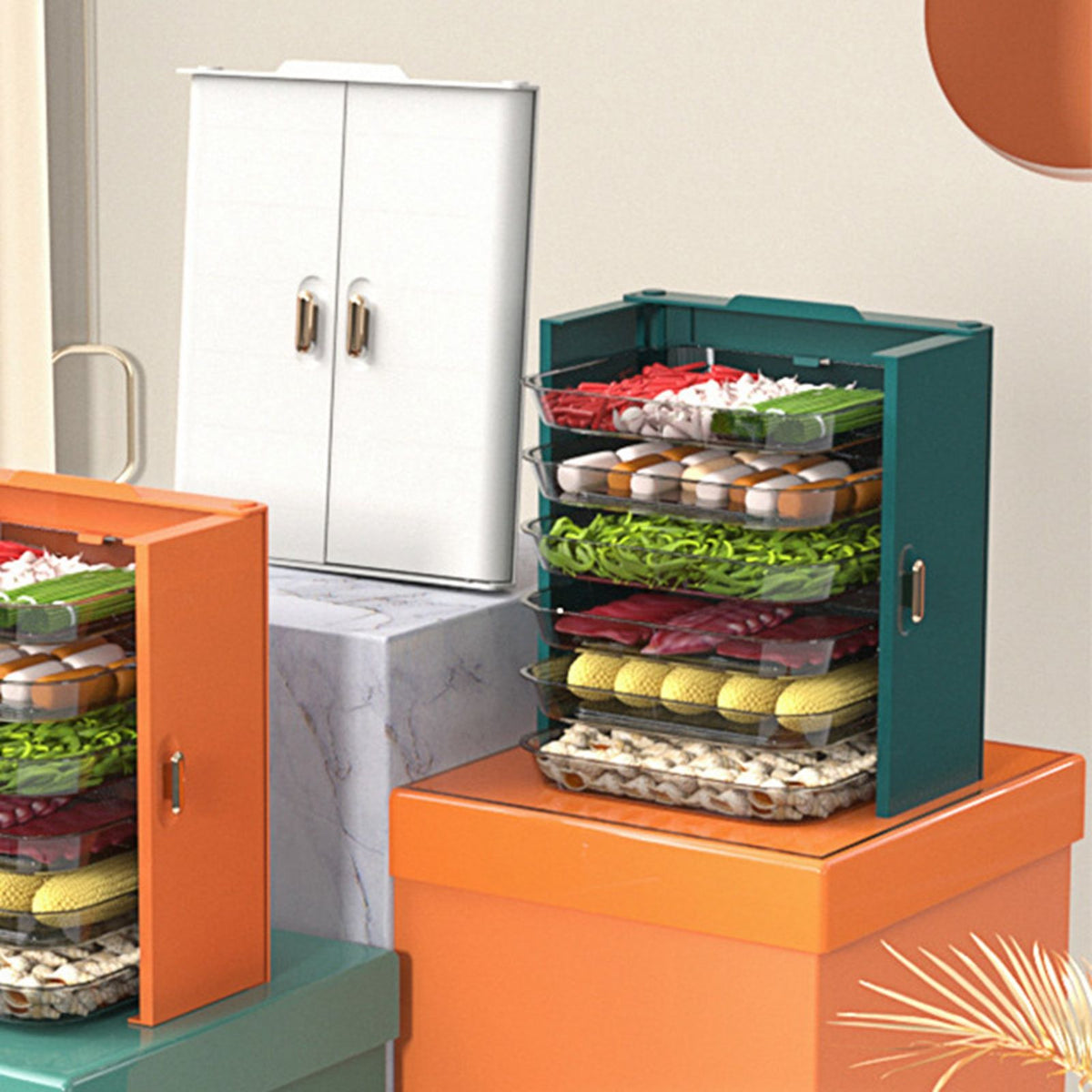 Kitchen Side Dishes Punch Free Foldable PET 6 Layers Wall Mounted Organization Rack Cooking Plates Storage Shelf Light Luxury Green