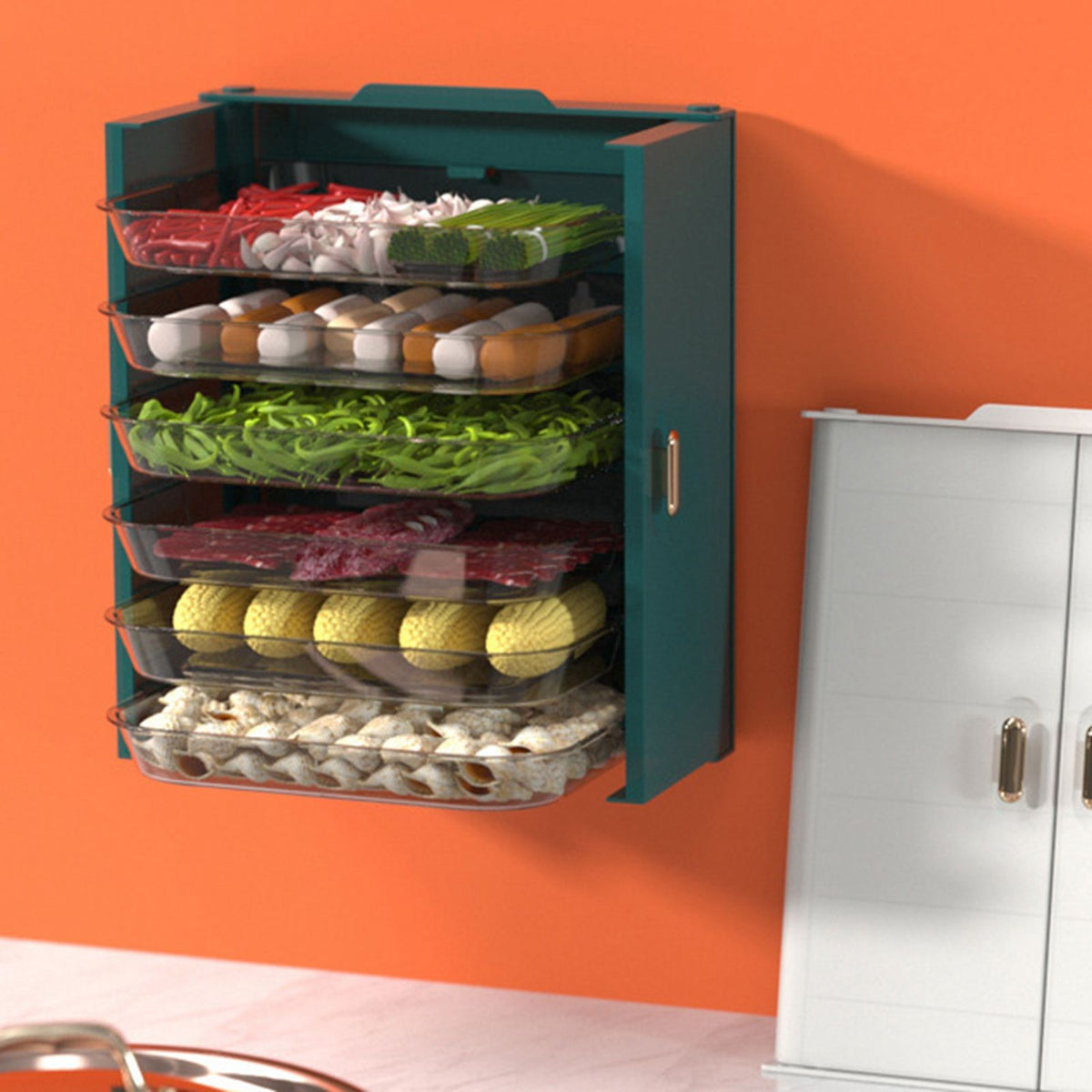 Kitchen Side Dishes Punch Free Foldable PET 6 Layers Wall Mounted Organization Rack Cooking Plates Storage Shelf Light Luxury Green
