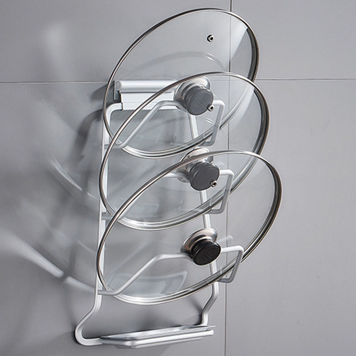 Pot Lid Holder Drilling Free Wall Mounted Space Saving Aluminium Hand Polishing Rustproof for Kitchen 3 Layer