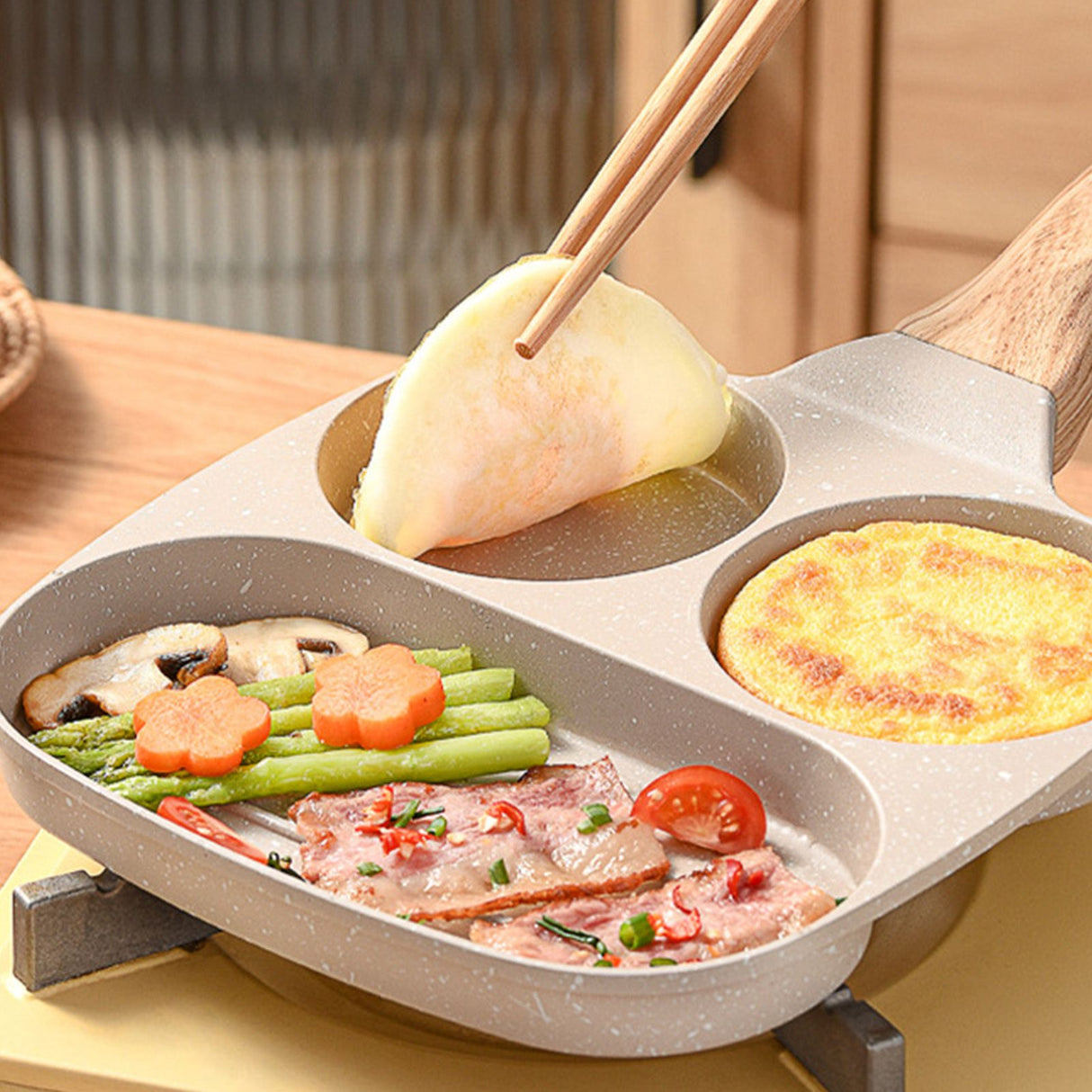 3 in 1 Breakfast Pan Nonstick Aluminum Alloy Labor Saving Pancake Frying Pan for Egg Bacon Gas Stove