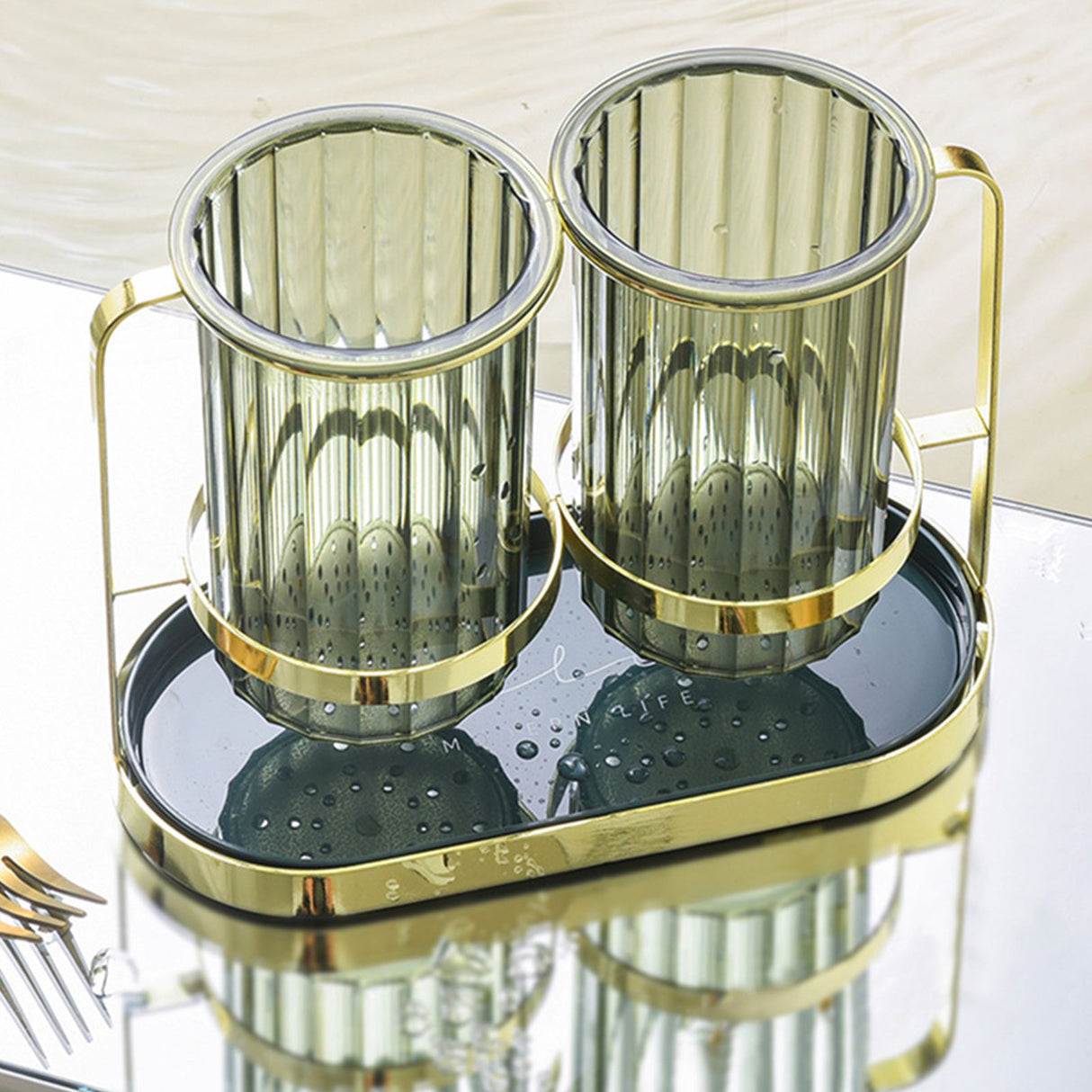 Chopsticks Drying Holder Iron PET Transparent Chopsticks Drying Caddy for Spoons Kitchen Green Gold